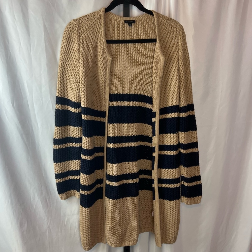 Talbots Long Open Front Striped Cardigan Sweater, size XS